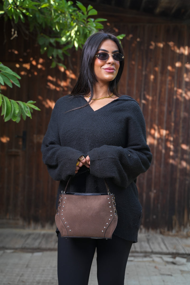 Lace-Up Handle Suede Handbag - Brown