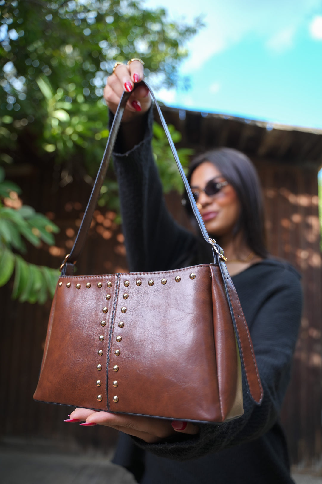 Studded Leather Shoulder Bag - Chestnut
