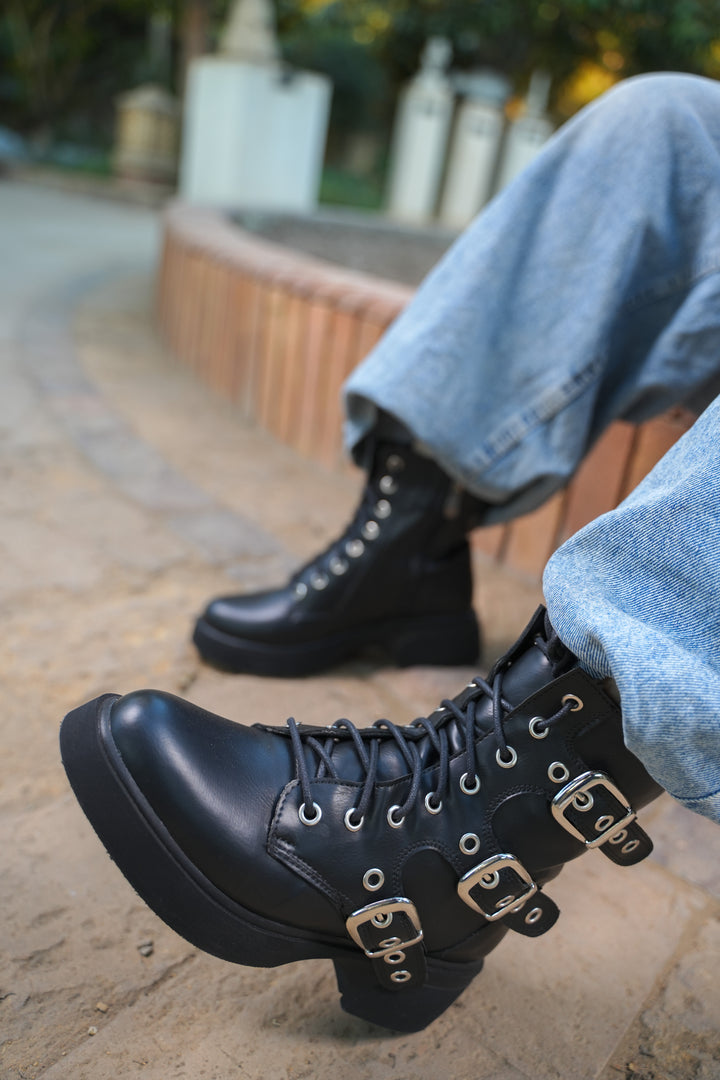 Midnight Rebel Buckled Combat Boots | Black