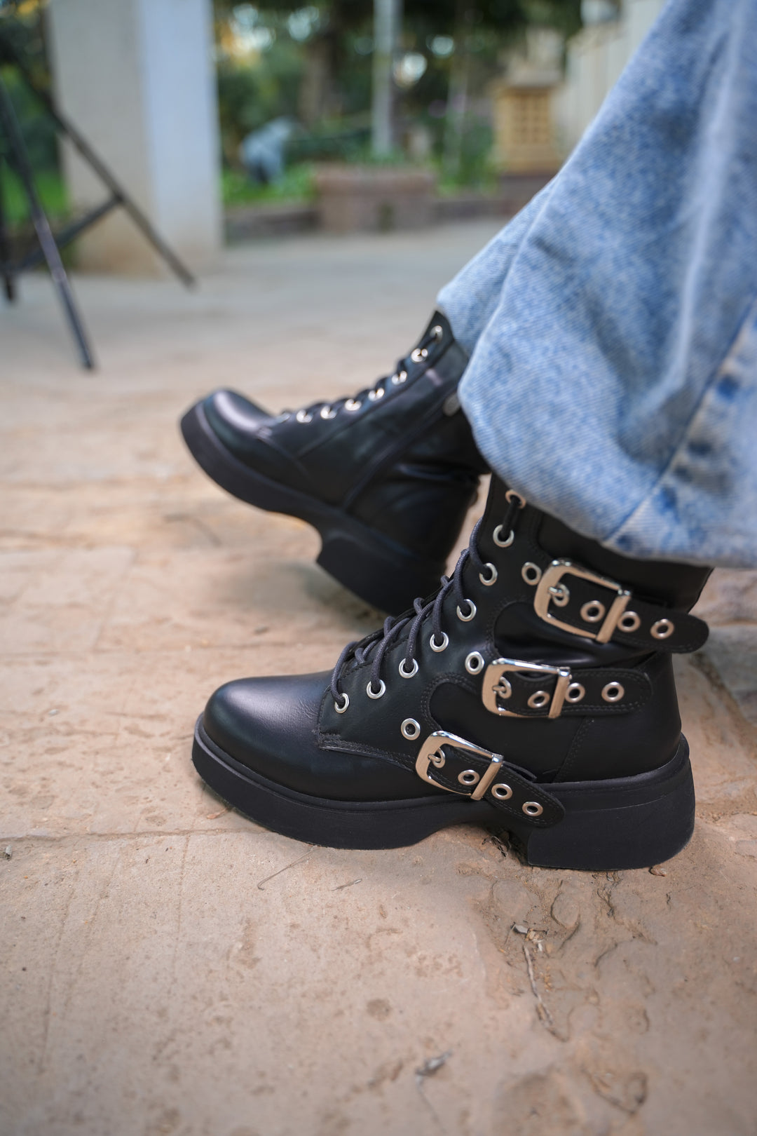 Midnight Rebel Buckled Combat Boots | Black