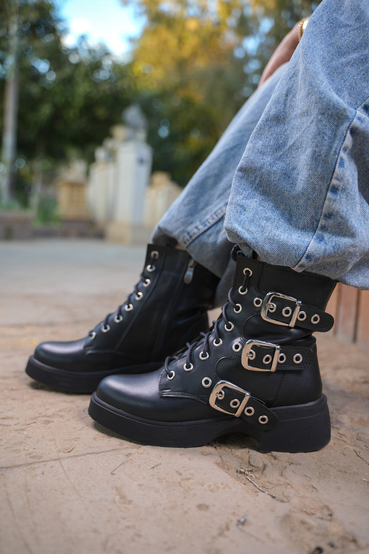 Midnight Rebel Buckled Combat Boots | Black