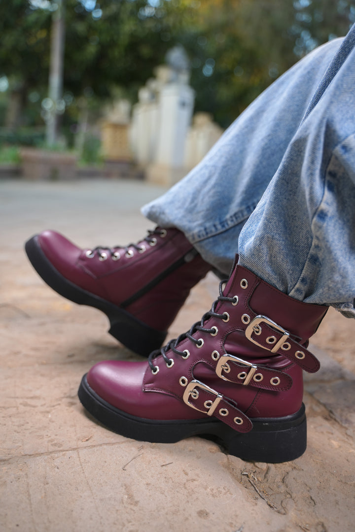 Midnight Rebel Buckled Combat Boots | Burgundy