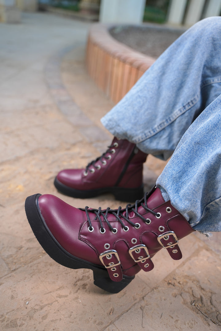 Midnight Rebel Buckled Combat Boots | Burgundy