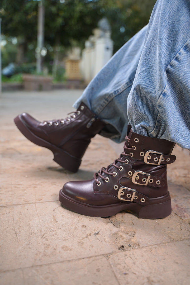 Midnight Rebel Buckled Combat Boots | Brown