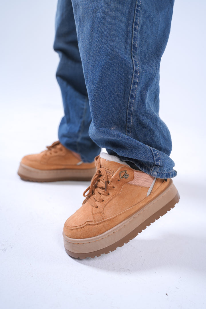 Suede Shearling-Lined Platform Sneakers - Camel