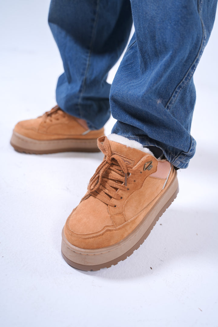 Suede Shearling-Lined Platform Sneakers - Camel