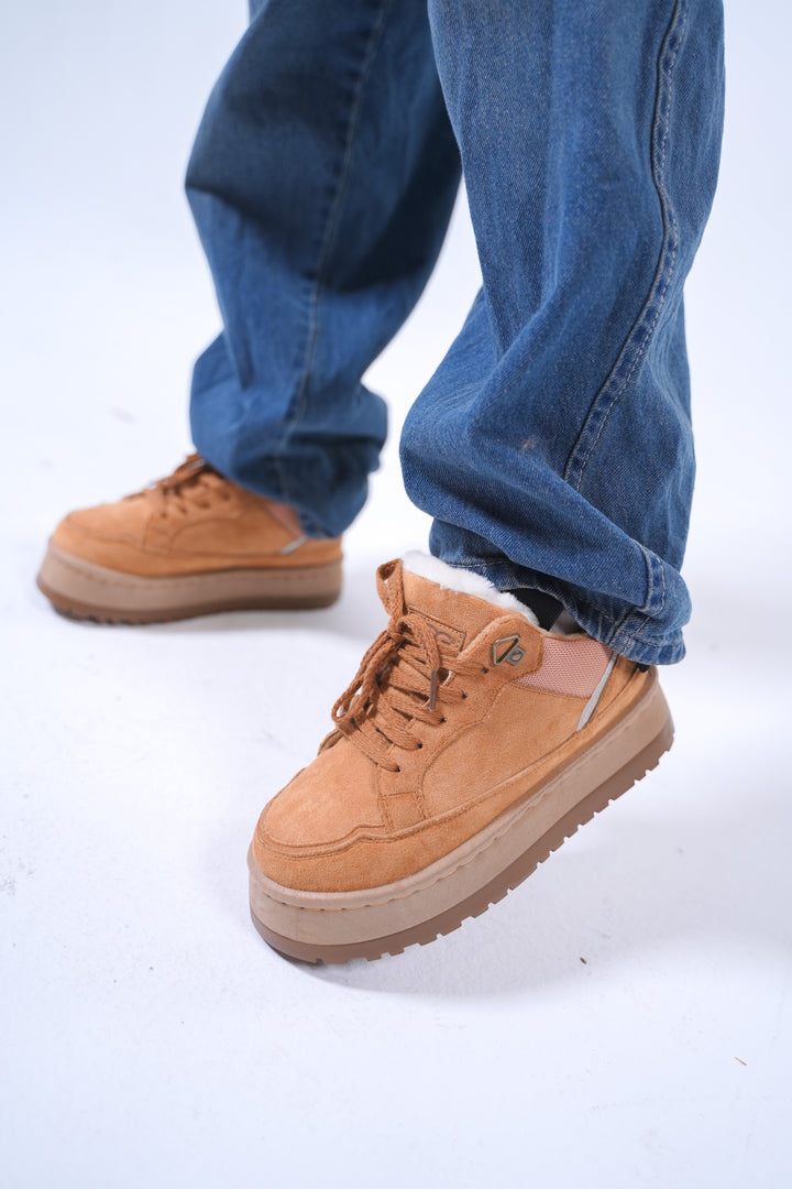 Suede Shearling-Lined Platform Sneakers - Camel