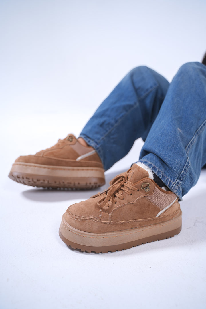 Suede Shearling-Lined Platform Sneakers - Chestnut