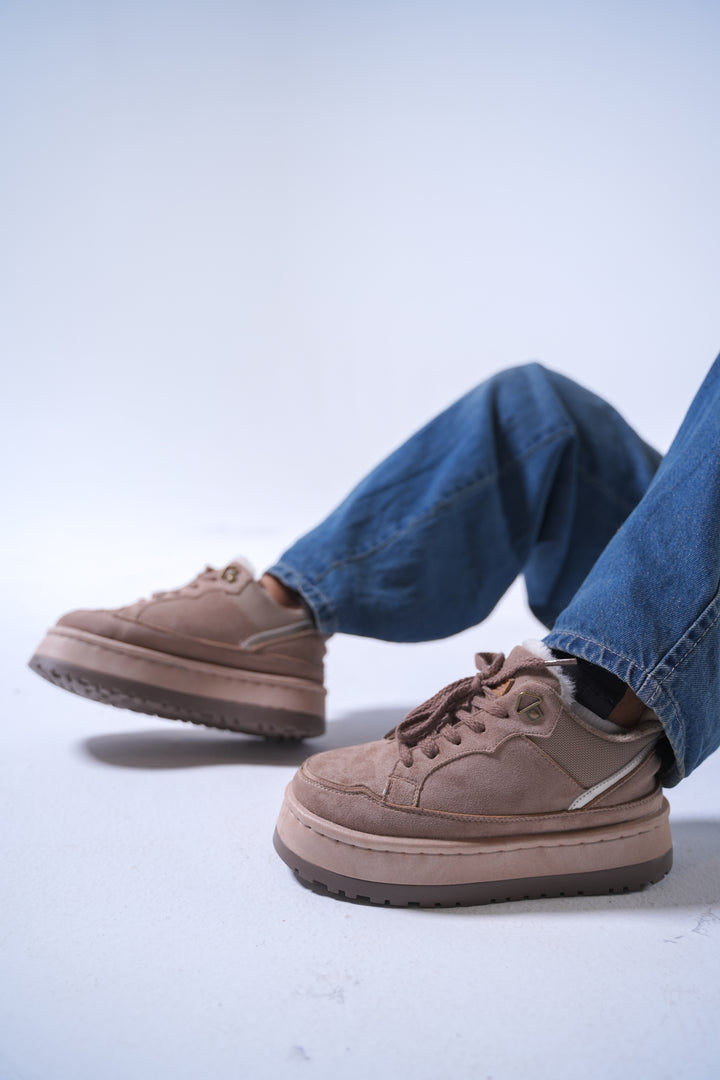 Suede Shearling-Lined Platform Sneakers - Taupe