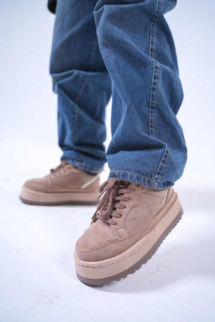 Suede Shearling-Lined Platform Sneakers - Taupe