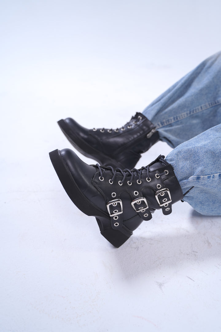 Midnight Rebel Buckled Combat Boots | Black