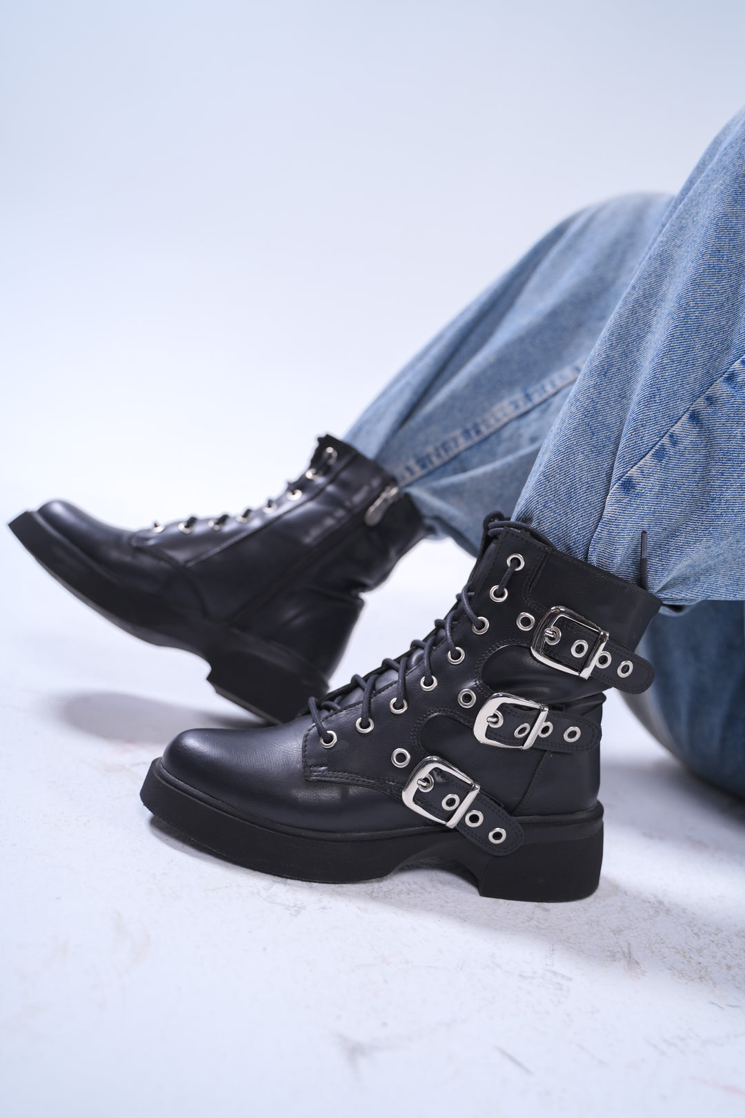 Midnight Rebel Buckled Combat Boots | Black