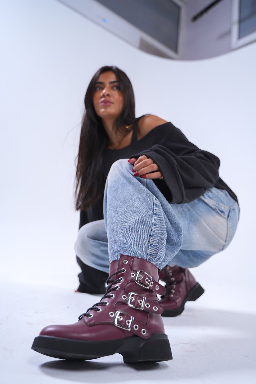 Midnight Rebel Buckled Combat Boots | Burgundy