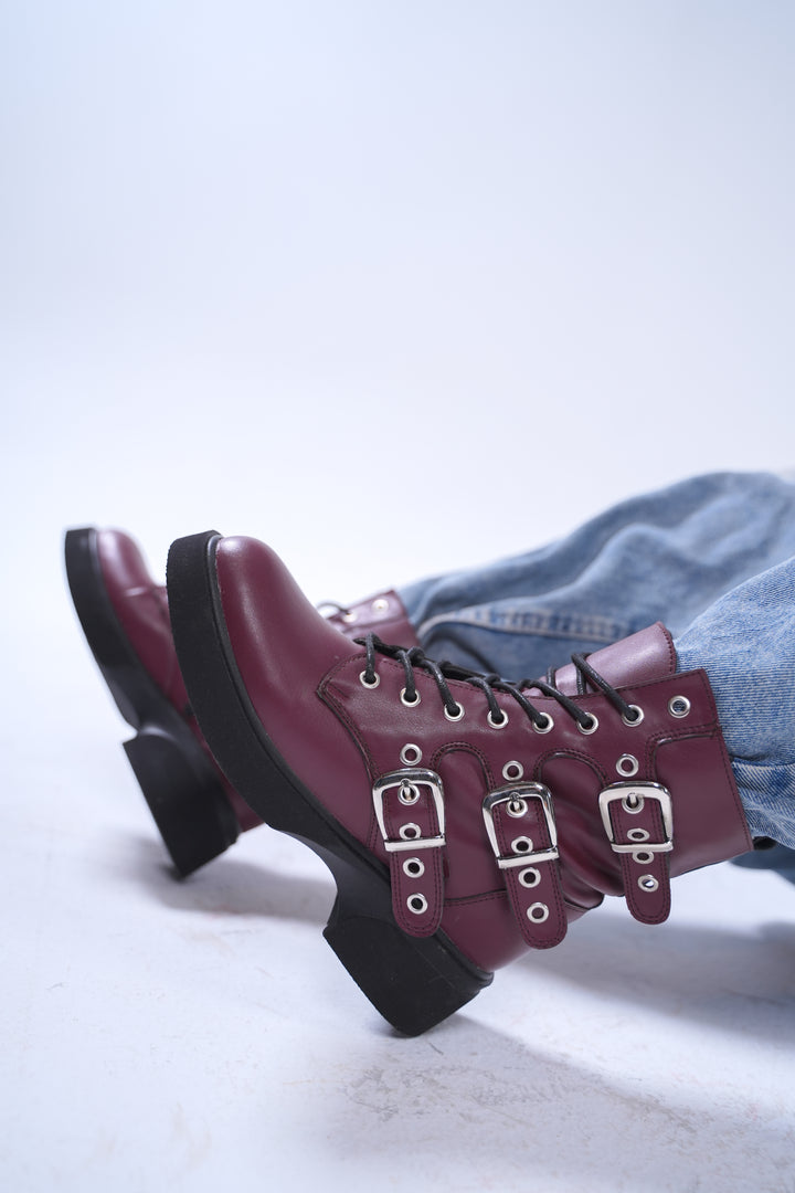 Midnight Rebel Buckled Combat Boots | Burgundy