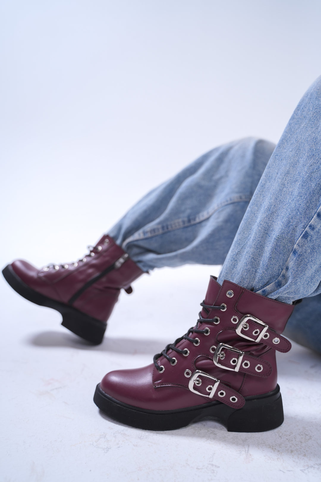 Midnight Rebel Buckled Combat Boots | Burgundy