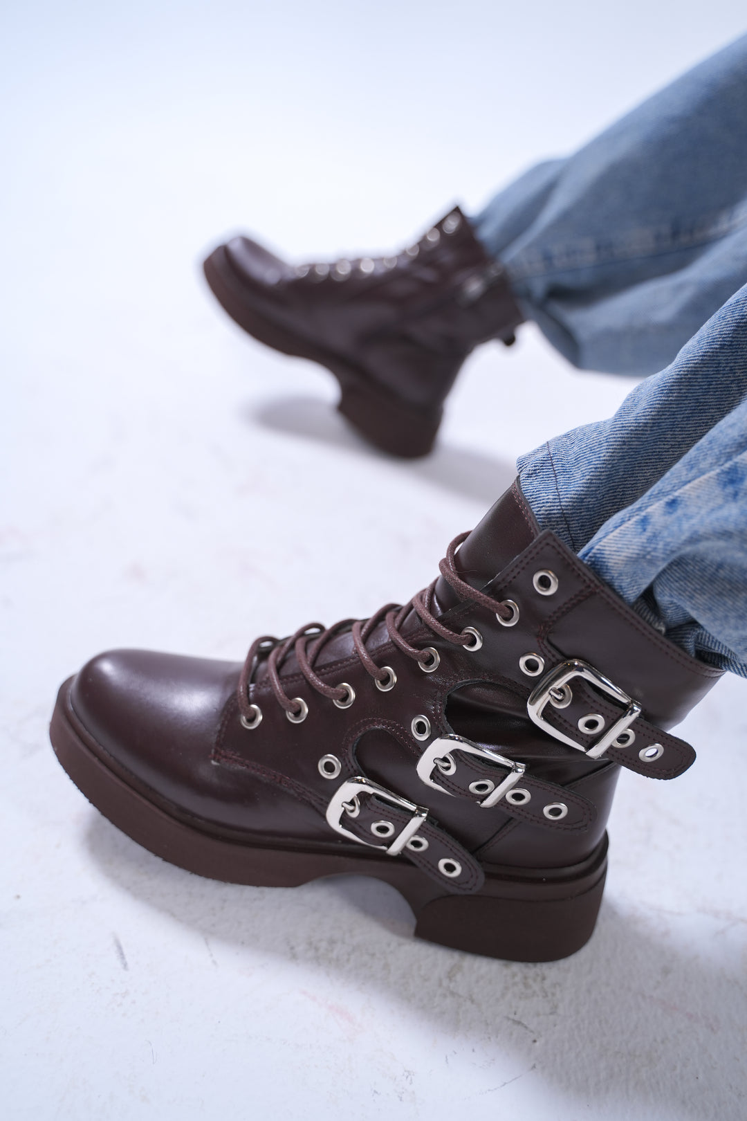 Midnight Rebel Buckled Combat Boots | Brown
