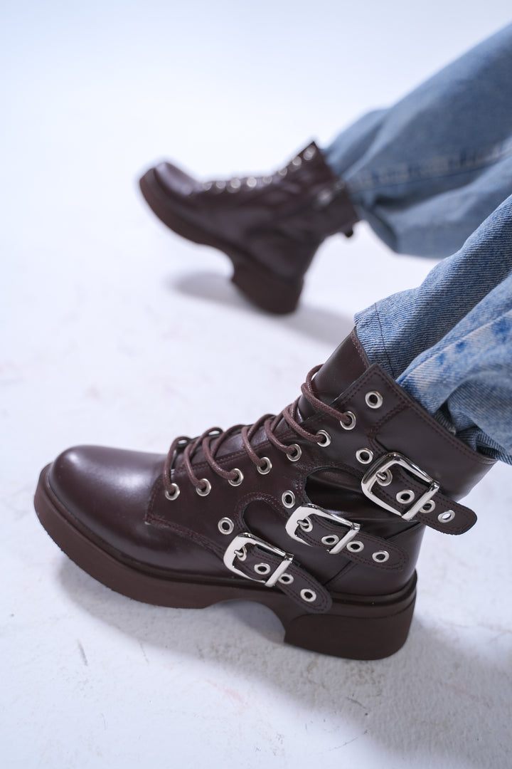 Midnight Rebel Buckled Combat Boots | Brown