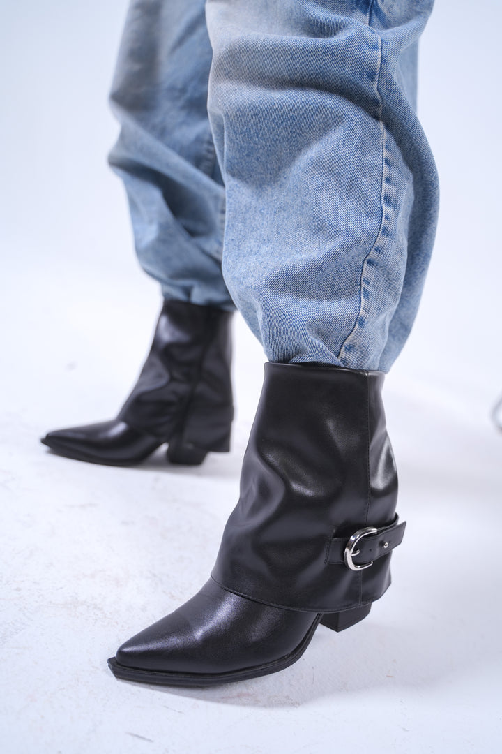 Classic Black Buckle Leather Ankle Boots | Black