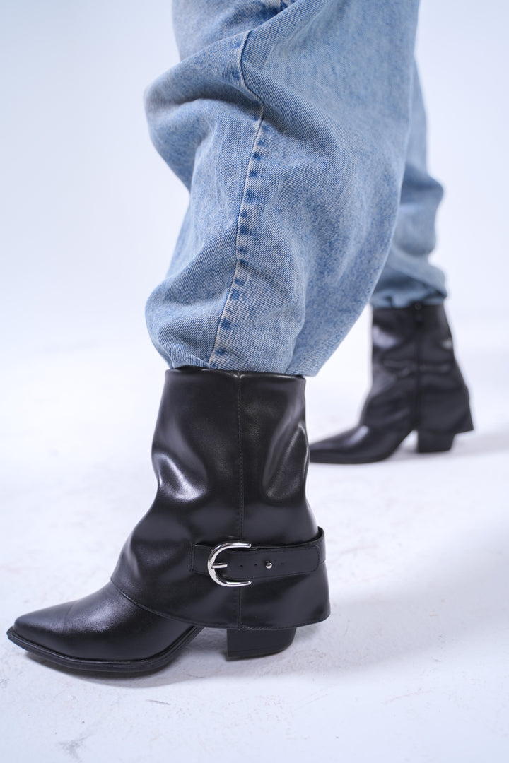 Classic Black Buckle Leather Ankle Boots | Black