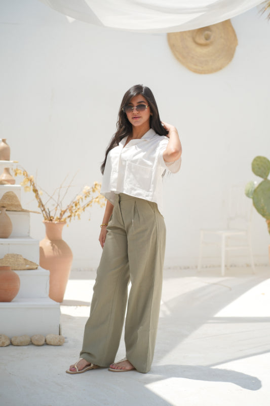 Pleated Palazzo Trousers - Olive