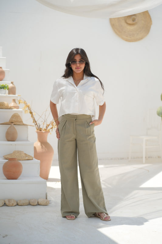 Pleated Palazzo Trousers - Olive