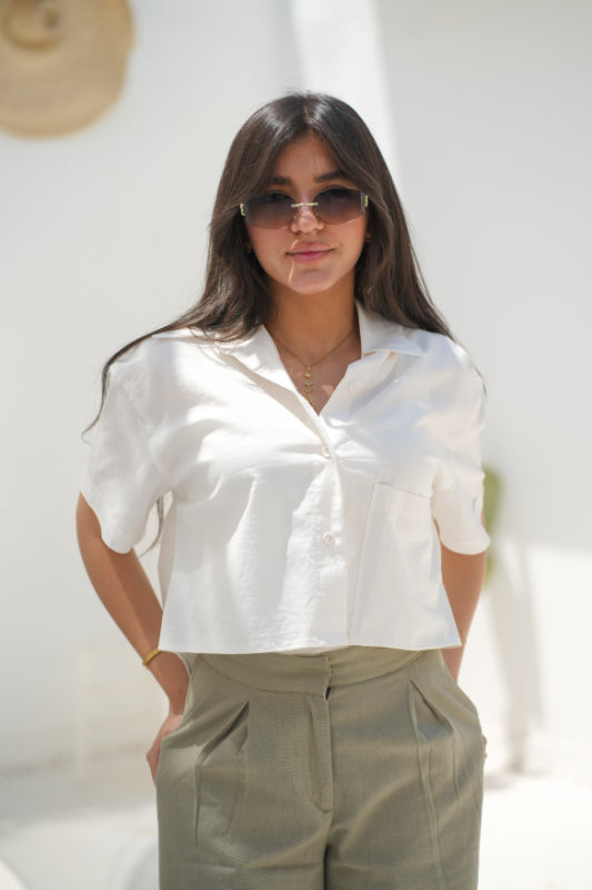 Cropped Boxy Linen-Blend Blouse - Offwhite