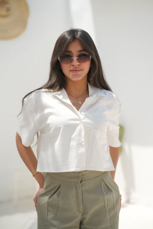 Cropped Boxy Linen-Blend Blouse - Offwhite