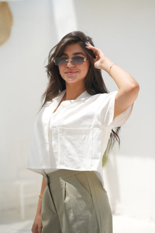 Cropped Boxy Linen-Blend Blouse - Offwhite