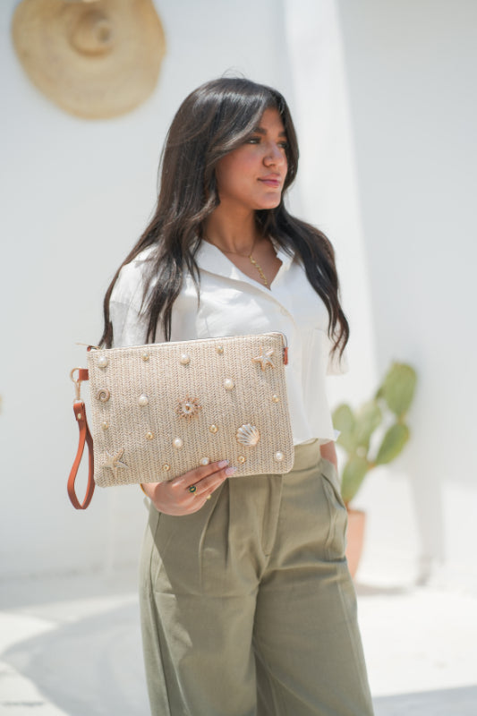 Coastal Pearl Straw Tote Bag