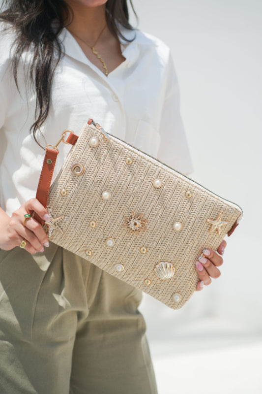Coastal Pearl Straw Tote Bag