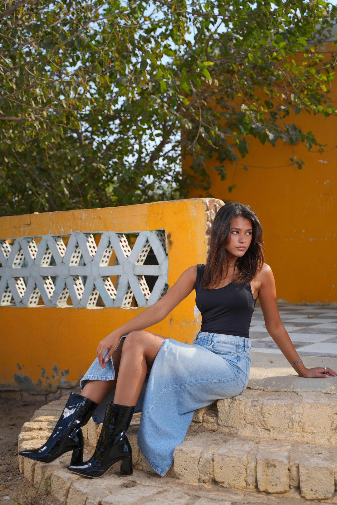 Siren Square Block Boot | Black Patent