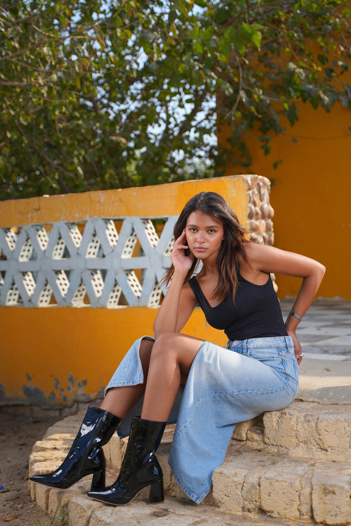 Siren Square Block Boot | Black Patent