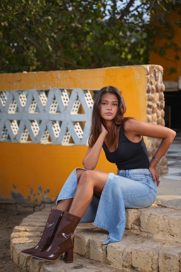 Siren Square Block Boot | Brown Glossy