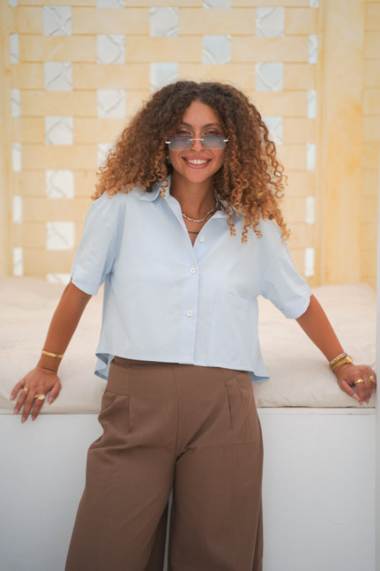 Cropped Boxy Linen-Blend Blouse - BabyBlue