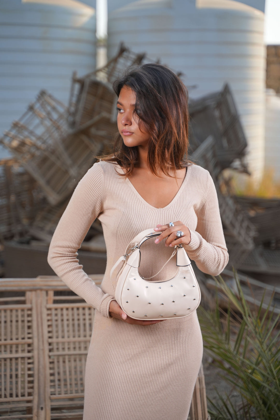 The Ivory Nova Studded Shoulder Bag | Beige