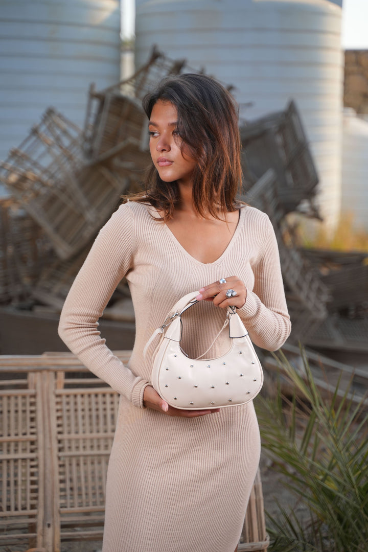 The Ivory Nova Studded Shoulder Bag | Beige