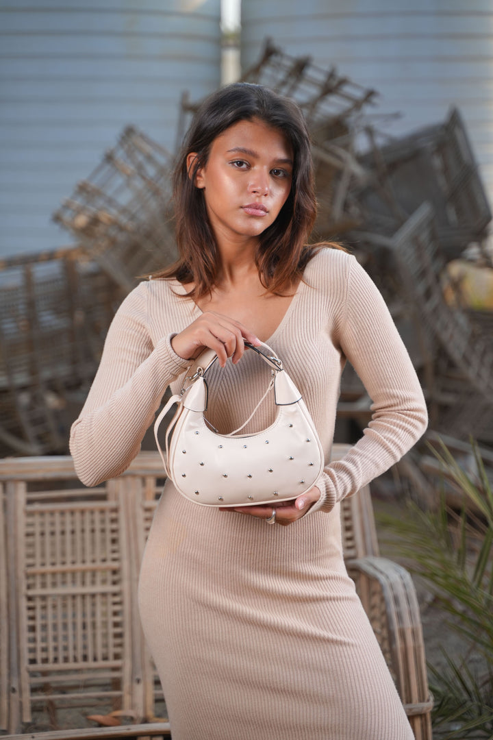 The Ivory Nova Studded Shoulder Bag | Beige