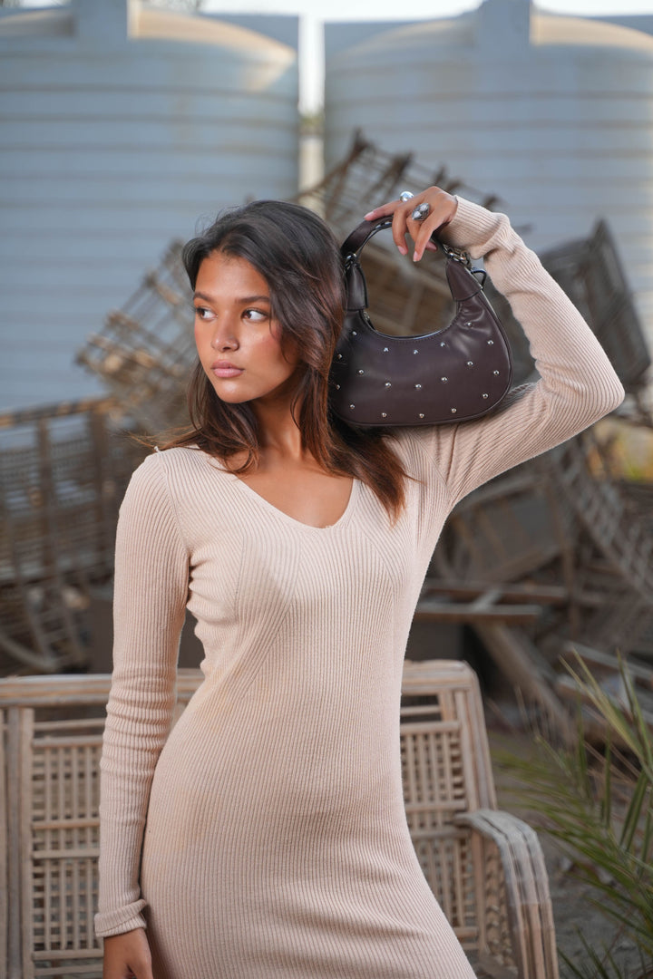 The Ivory Nova Studded Shoulder Bag | Brown