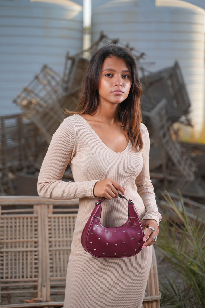 The Ivory Nova Studded Shoulder Bag | Burgundy