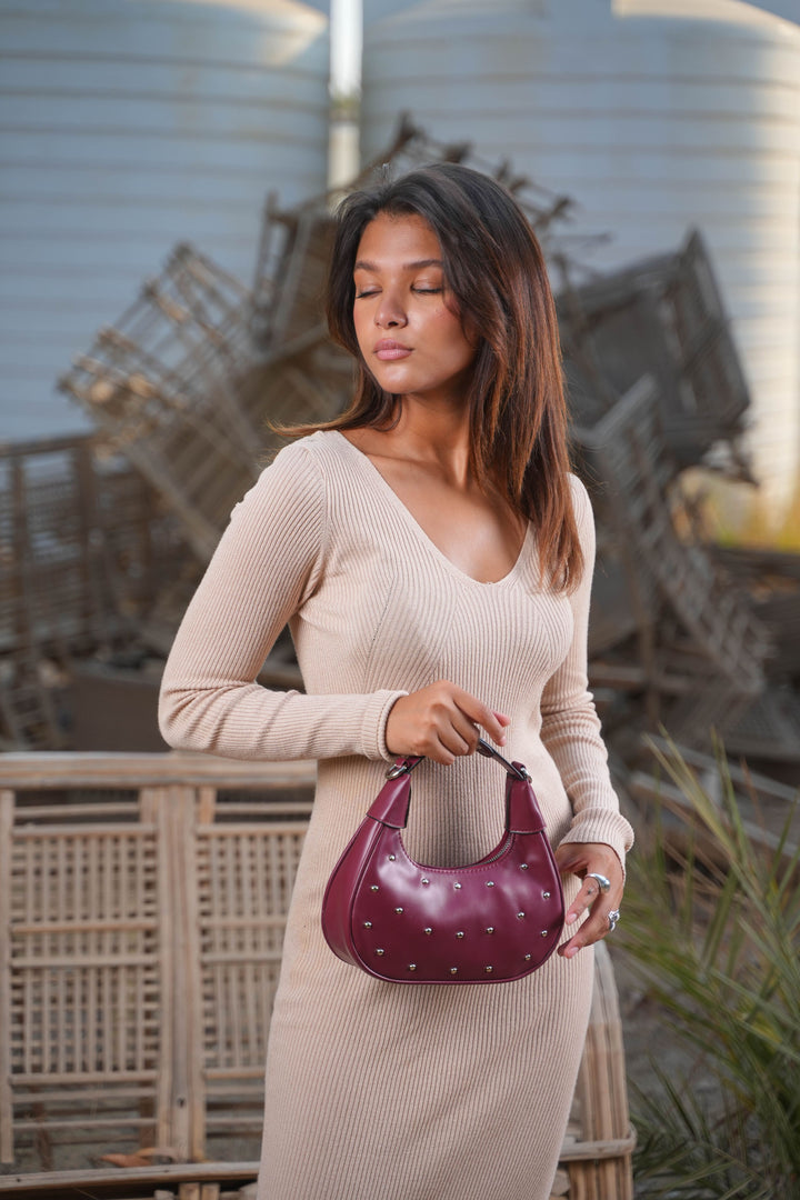 The Ivory Nova Studded Shoulder Bag | Burgundy