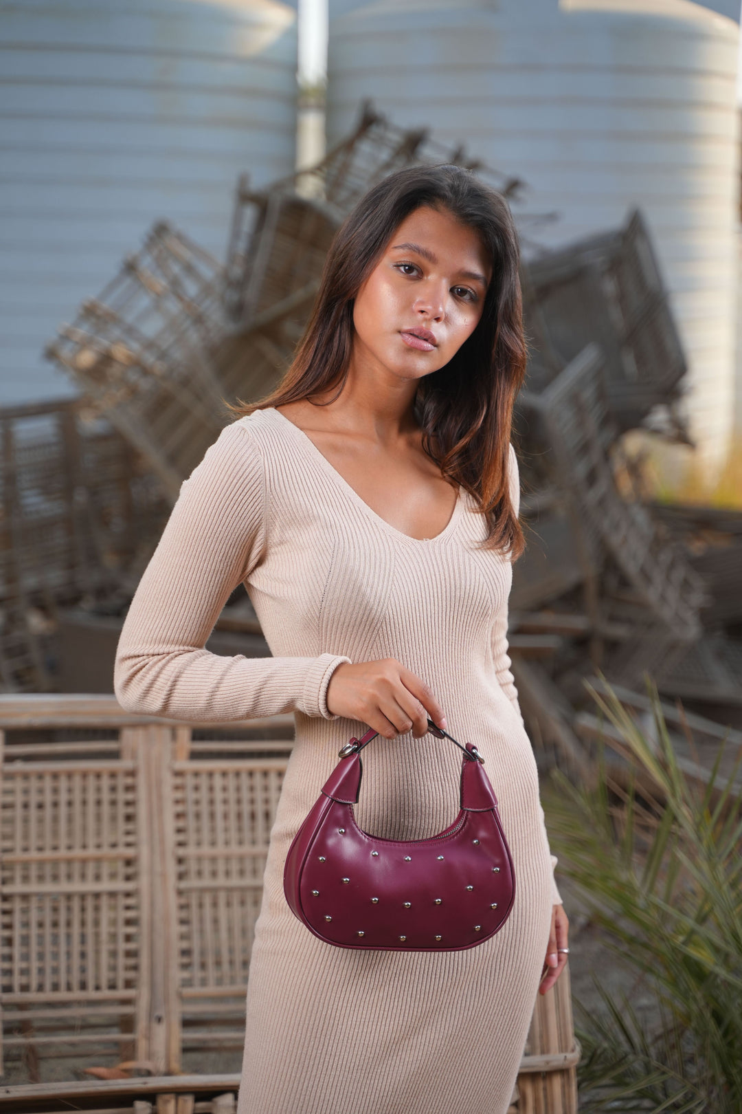 The Ivory Nova Studded Shoulder Bag | Burgundy