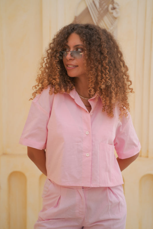 Cropped Boxy Linen-Blend Blouse - Pink