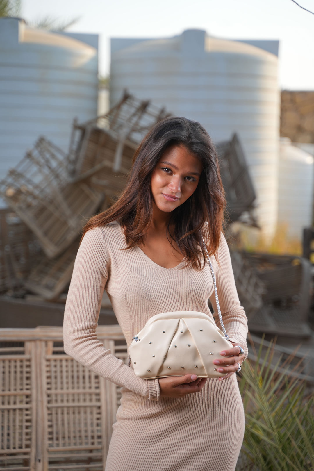 The Nova Ruched Clutch | Beige