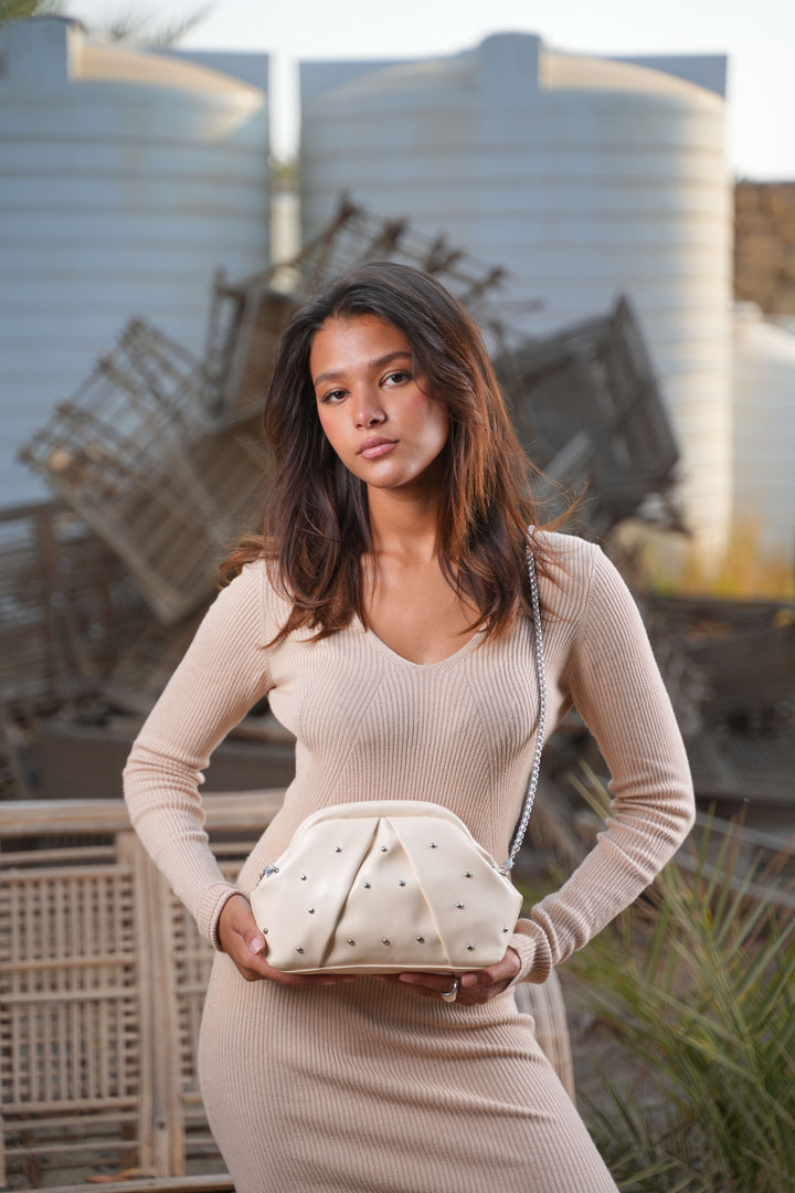 The Nova Ruched Clutch | Beige