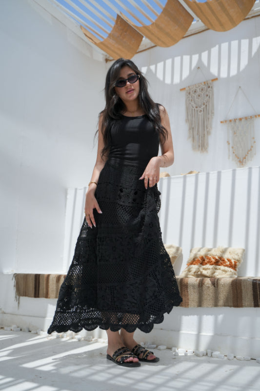 The "Dahlia" Pointelle Maxi Skirt - Black