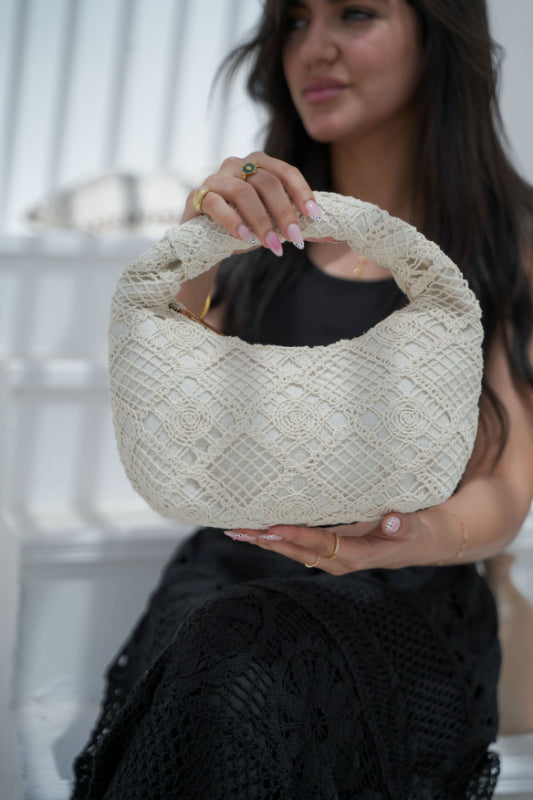 Beige Macramé Crescent Top-Handle Bag