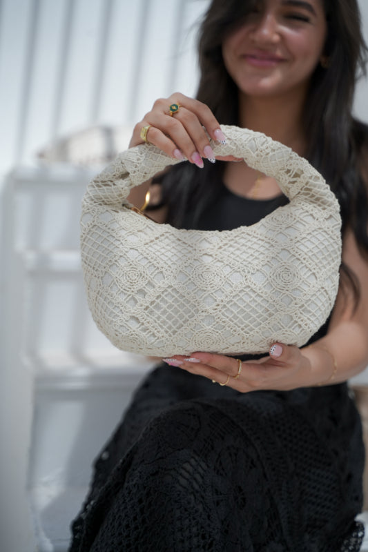 Beige Macramé Crescent Top-Handle Bag