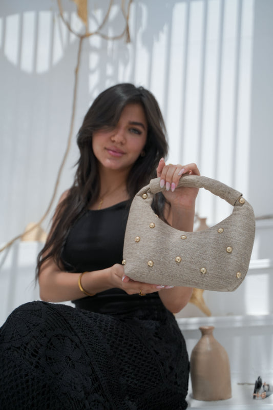 Studded Heathered-Linen Crescent Bag
