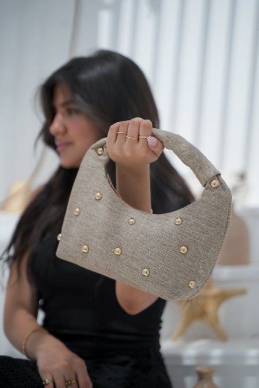 Studded Heathered-Linen Crescent Bag
