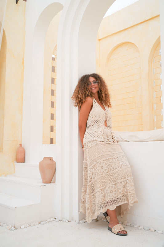 The "Dahlia" Pointelle Maxi Skirt - Beige